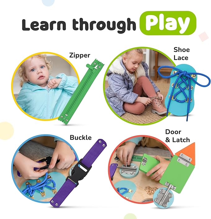 deMoca Sensory Busy Board for Toddlers, Premium Wooden Toddler Busy Board for 1 2 3 Year Old with 10 Educational Activities for Fine Motor Skills, Fidget Activity Toy for Travel Toy