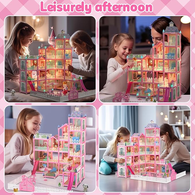 15 Rooms Doll House for Kid, 374Pcs Play Castle Furniture Playsets for Girls, Birthday Gifts for 3 4 5 6 7 8 9 10 11 12 Years Old Kids Toddlers