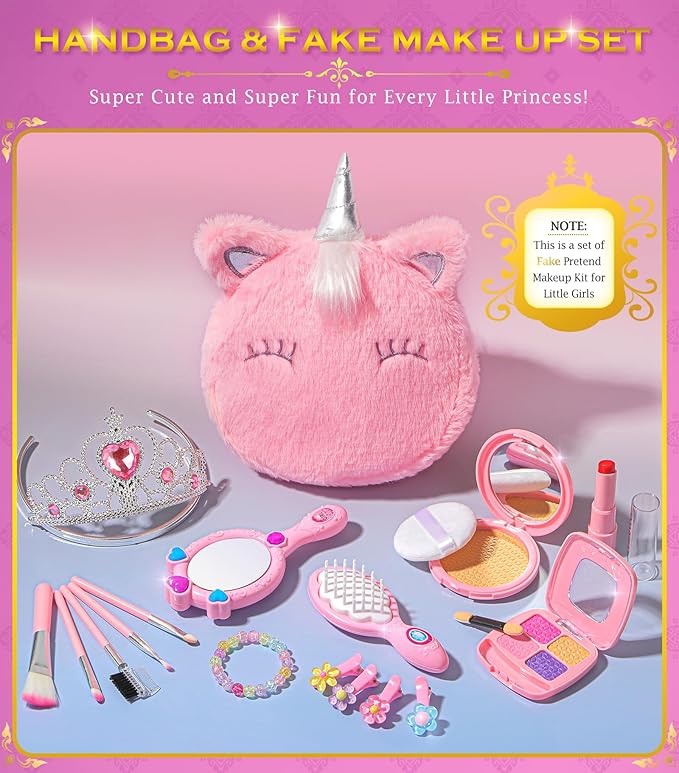 Kids Makeup Kit for Girl, Princess Toys Pretend Play Makeup Girls Toys, Kids Makeup Sets for Girls Beauty Salon Set Hair Accessories with Mirror, Hairdryer, Princess Cape Crown Handbag,Birthday Gifts