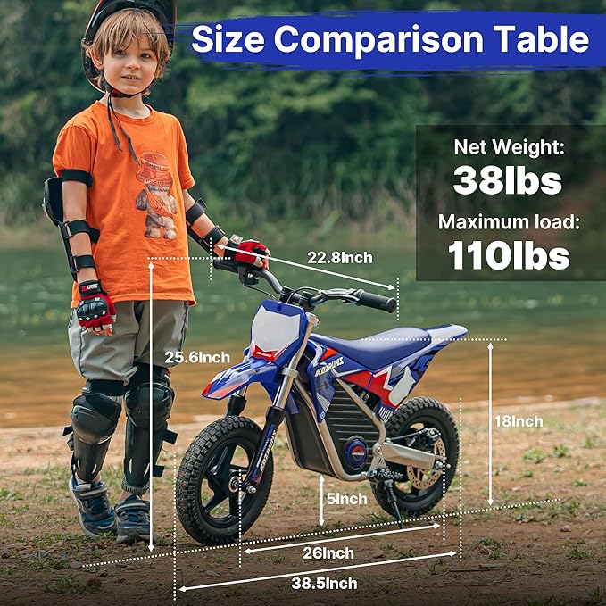 Electric Dirt Bike for Boys Girls Ages 3-8, 250W High Racing Competition Grade Motorcycle, Up to 15.5MPH 3 Speed Settings Balance Bike, 12IN Off-Road Tires & Advanced Shock Absorption, Blue