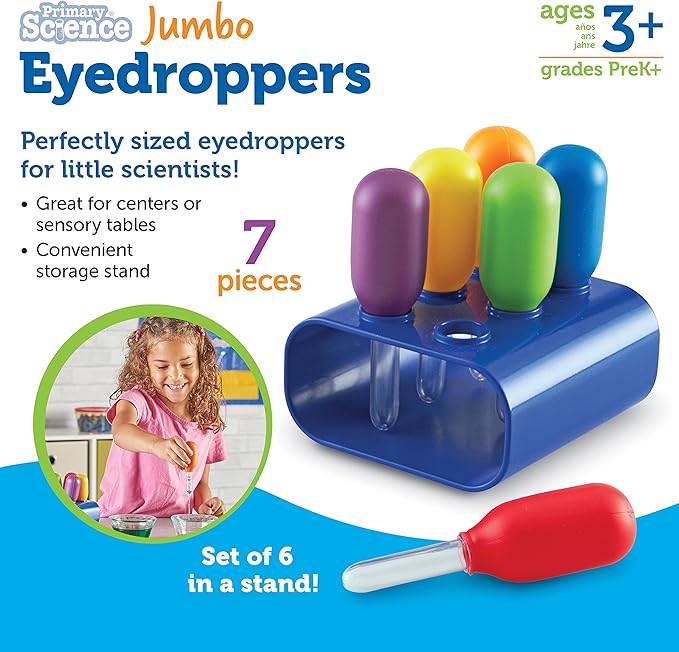 Learning Resources Jumbo Eyedroppers - Science Experiments for Kids , Sensory Water Table Toys, Toddler Tools, Preschool STEM, Fine Motor Activities, Classroom Must Haves, Craft Materials