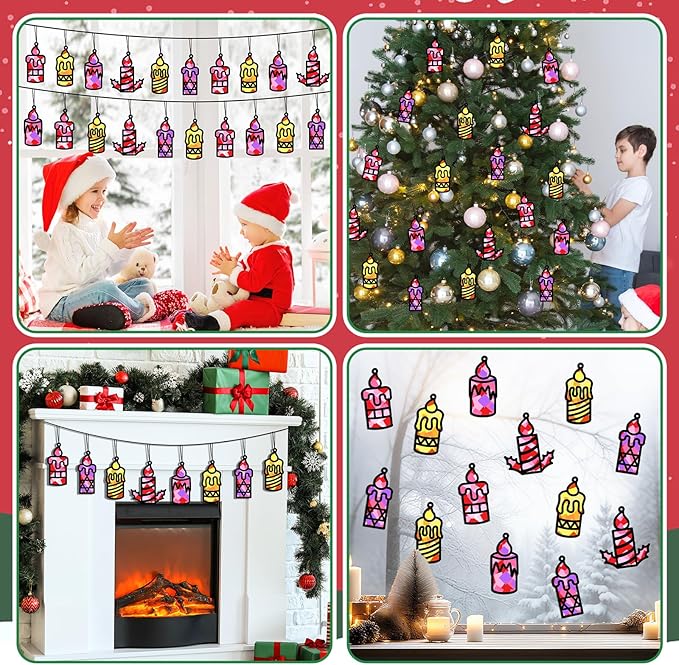 Qyeahkj 36 Set Christmas Xmas Candle Suncatchers Crafts Kit DIY Window Tissue Paper Craft Kits Stained Glass Effect Winter Holiday Hanging Ornaments for School Classroom Home Activity Art Favor Gift