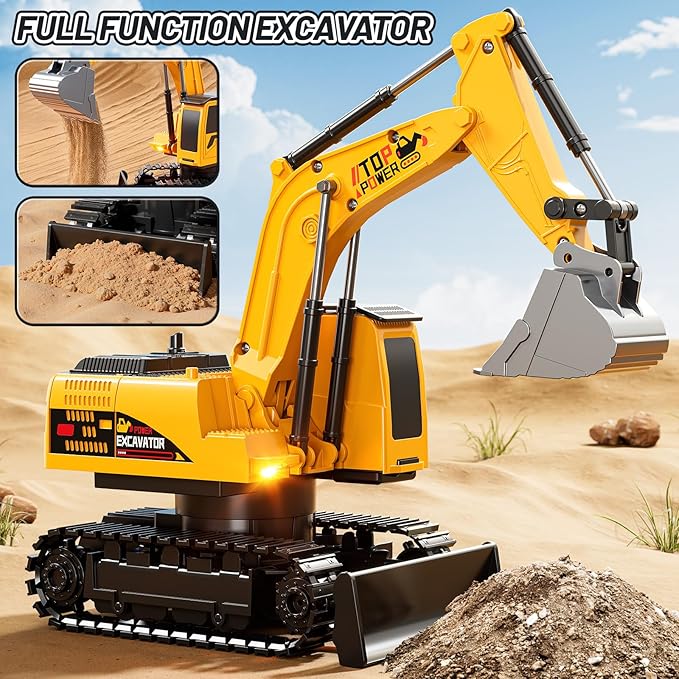 Remote Control Excavator Toys for Boys Age 6-12, 11CH 2.4Ghz RC Sand Digger with Metal Shovel Lights/Sounds, Construction Truck Toys for Boys 3 4 5 6 7 8 9 10 11 12 Year Old Kids
