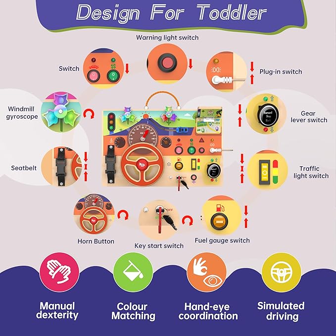 Busy Board Montessori Toys for Toddlers 1-3 with Steering Wheel, Lights & Switches, Wooden Driving Activity Board | Sensory Montessori Busy Board for 1+ Year Old, Toddler Learning & Travel Toy