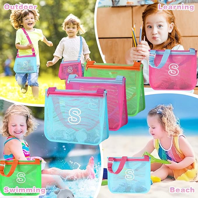 3Pcs Personalized Kids Beach Shell Bag, Initial Seashell Mesh Zipper Beach Pouch, Shell Collecting Bag for Holding Shells with Adjustable Straps, Sand Toys Swim Pouch Gift for Girl Boy Teens(Letter S)