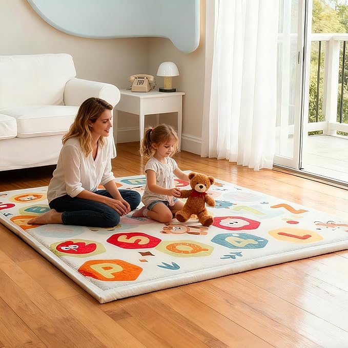 Baby Play Mat for Floor, 71'' x 59'' Thicken Foam Soft Padded Mat for Tummy Time, Playpen Mat for Toddlers, Water-Repellent Coral Velvet, Non-Slip Bottom Safe for Crawling (Animal)