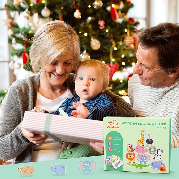 Montessori Toys for Toddlers, 10 Pack Wooden Animal Stacking Blocks, Sorting & Stacking Preschool Learning Activities, Gift for Boys, Girls