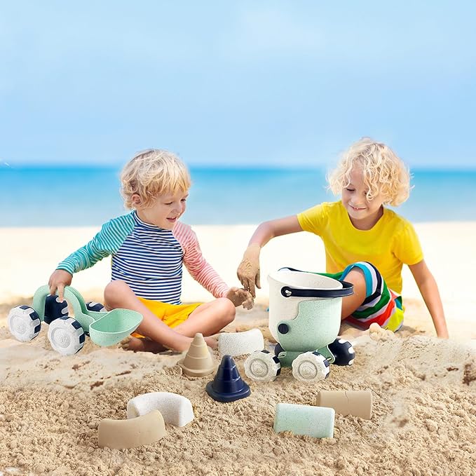 Asweets Beach Sand Toy Set Include Shovel, Bucket and Sandcastle Mold, Organic Green Plastic Travel Beach Sand Toys for KidsIdeal, Gift for Boys and Girls