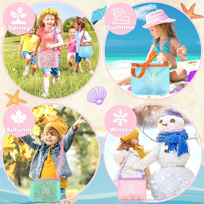 3Pcs Personalized Kids Beach Shell Bag, Initial Seashell Mesh Zipper Beach Pouch, Shell Collecting Bag for Holding Shells with Adjustable Straps, Sand Toys Swim Pouch Gift for Girl Boy Teens(Letter H)