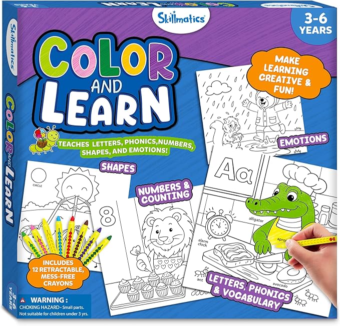 Skillmatics Coloring Book - 50 Tear-Out Pages and 12 Retractable Mess-Free Crayons, Learn Letters, Numbers, Phonics and Shapes, Educational Gift for Toddlers and Preschoolers Ages 3, 4, 5, 6
