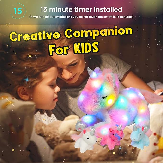 Hopearl LED Plush Unicorn Lighting Up Stuffed Mommy Unicorn with 3 Baby Unicorns in her Tummy Stuffed Animal Playset Night Lights Glow in The Dark for Mom Toddler Girls, Rainbow, 19''