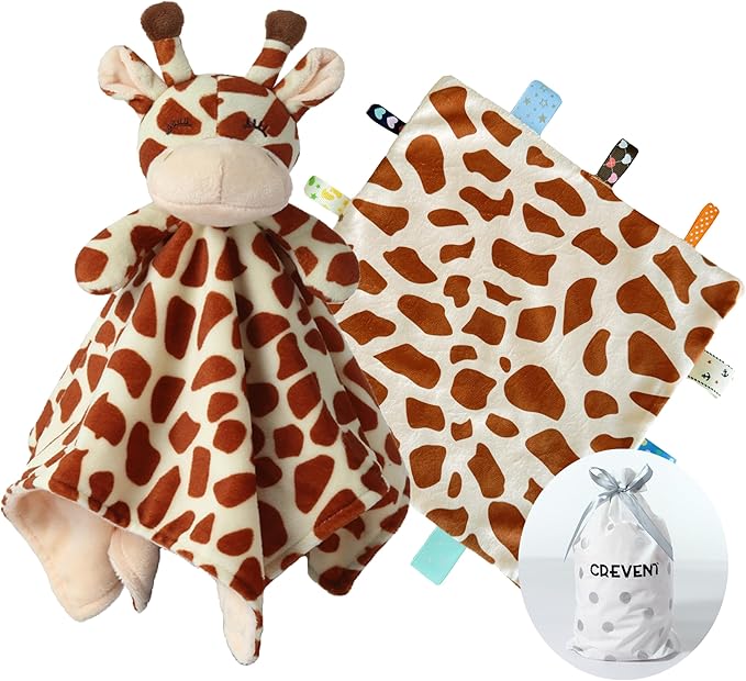 CREVENT Cozy Plush Baby Security Blanket, Loveys for Baby Girls and Boys, Birthday (Giraffe + Dot Tag)