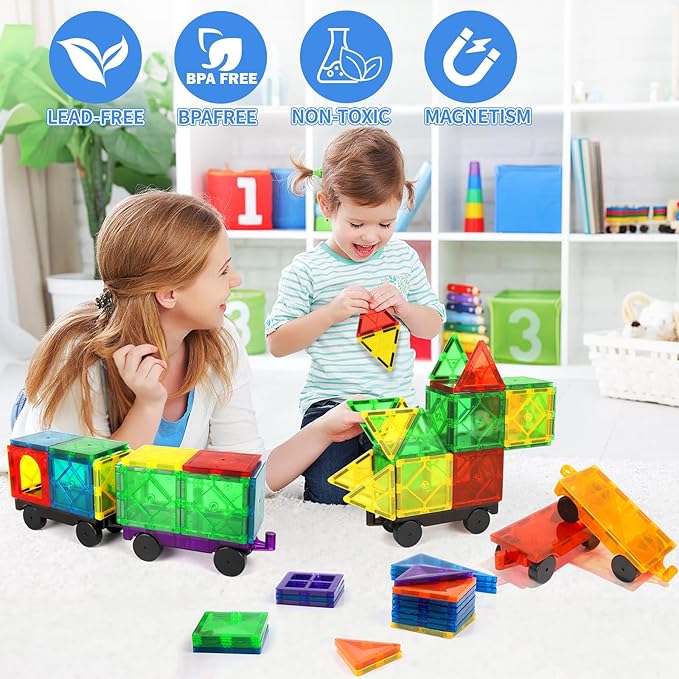 Magnetic Tiles Cars Construction Set - 4 PCS Magnetic Tiles Magnet Bricks Truck Sensory Toys, Educational Magnet Cars Set Building Blocks for 3 4 5 6 7 8+ Year Old Girls Boys