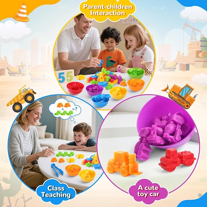 USATDD Counting Construction Vehicles Color Sorting Preschool Learning Matching Games Fine Motor Skills Toys Montessori Classroom Sensory Table Toys for Kids for Toddlers 3 4 5