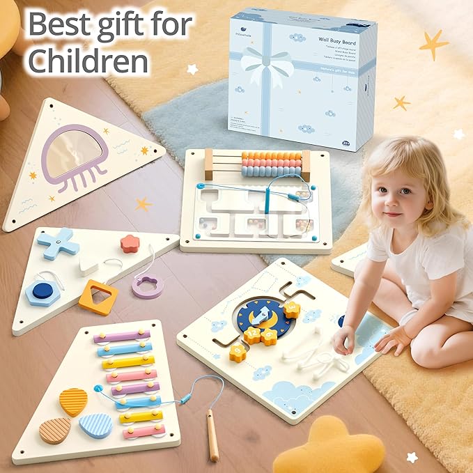 Tangram Activity Wall Busy Board Panels, 12-in-1 Learning Activity Center, Wooden Montessori Sensory Toys for Toddler Playroom, Nursery, Daycare, Classroom, Dentist Waiting Room