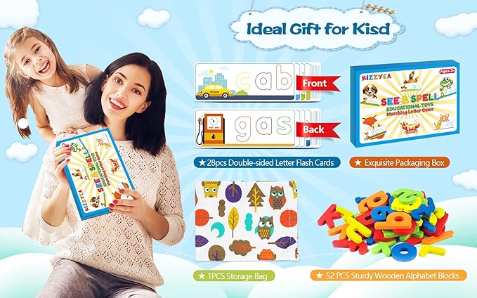 Learning Educational Toys for 2 3 4 5 6 Years Old Boys Girls, See & Spell Matching Letter Game with Alphabet Cards for Kids, Preschool CVC Word Builders Toy, Christmas Birthday Gifts for Age 2-4 4-6