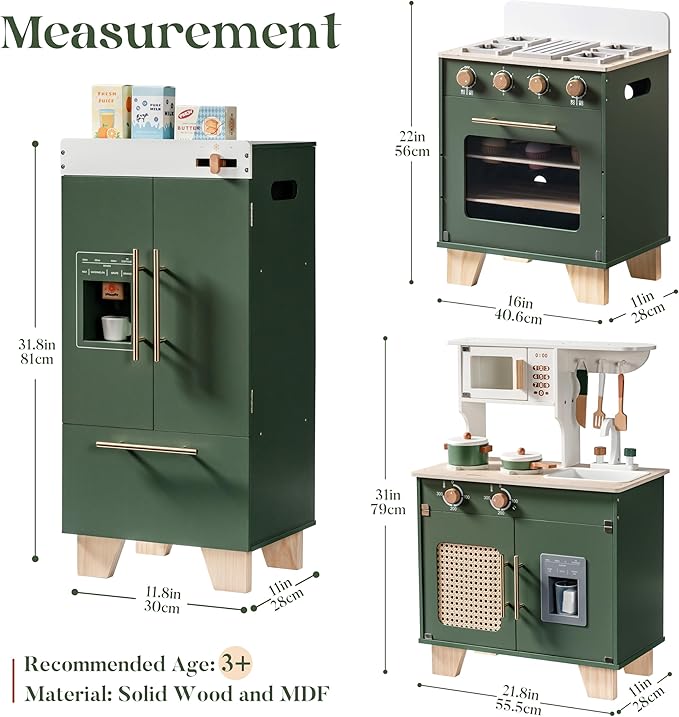 ROBOTIME Play Kitchen with Toy Fridge, Toy Oven, Wooden Kids Kitchen Play Set, Toy Kitchen Set for Kids Age 3 4 5 6 7 (Vintage Green)