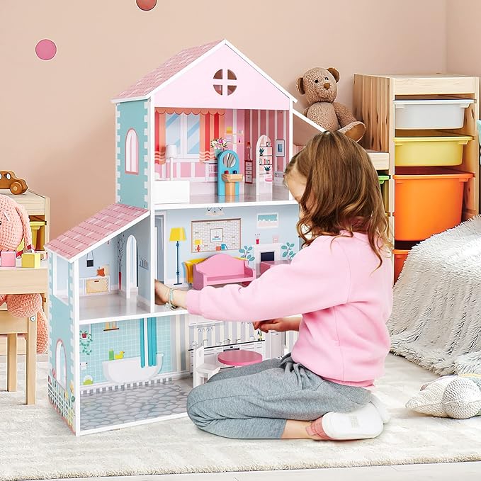 HONEY JOY Dollhouse with 8 Pcs Furniture, 3-Level Wooden Doll House, Pretend Play Kids Doll’s House, Princess Mini Toy House Furniture Playset, Gift for Little Girls(Pink, 2.8 FT)