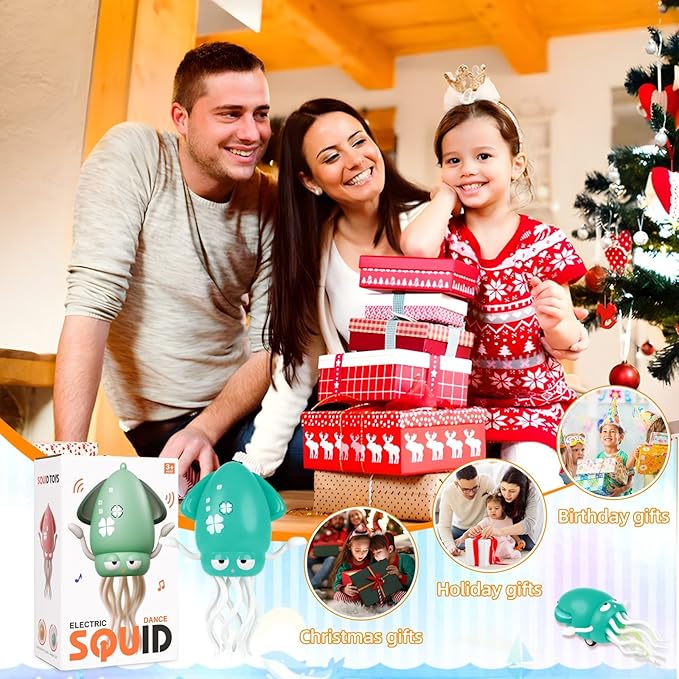 Electric Dancing Octopus Toy, Crawling Squid Tummy Time Toy with Led Light and Music, USB Rechargeable Automatic Evasion Octopus Baby Toy for 3 4 5 6 Year Old Kids Boy Girl Birthday Gifts (Green)