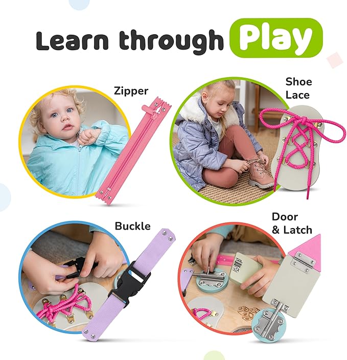 deMoca Sensory Busy Board for Toddlers, Premium Wooden Toddler Busy Board for 1 2 3 Year Old with 10 Educational Activities for Fine Motor Skills, Fidget Activity Toy for Travel Toy