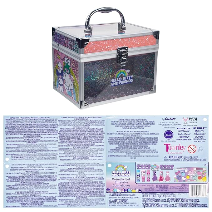 Hello Kitty & Friends - Townley Girl Train Case Makeup Set for Kids, Includes Lip Gloss, Eye Shimmer, Nail Polish, Brushes, and More! Perfect for Parties, Sleepovers, and Makeovers. Non-Toxic, Ages 3+