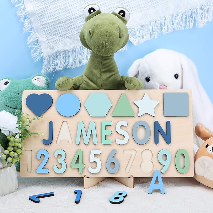 Personalized Name Puzzle with Numbers and Shapes, Custom Wooden Puzzles for Toddlers 1-3, Montessori Toys for 1st Birthday Girls & Boys, Personalized Baby Easter Gifts