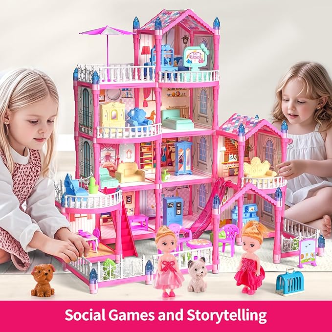 Doll House, 4-Story Dollhouse with Glow in The Dark, Girl Toys Doll House Playset with 2 Dolls, 12 Play Areas, Furniture & Accessories, Princess Gift Toys for Girls Ages 3 4 5 6 7 8 9+, Pink