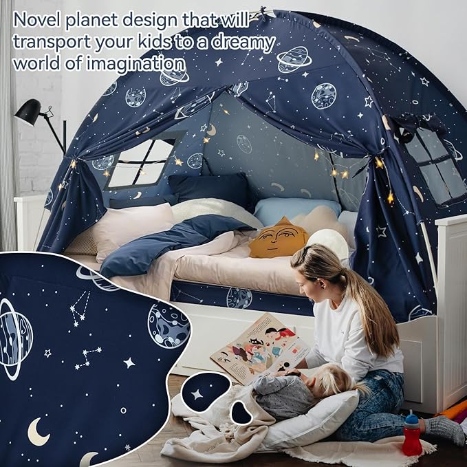 Toddler Bed Tent Full, Space Canopy Indoor for Kids Boys, Kids Bed Canopy Full Size, Galaxy Dome Playhouse Tents Floor Privacy Space on Bed Sleeping Tent for Girls Birthday, Christmas Toy House Gift