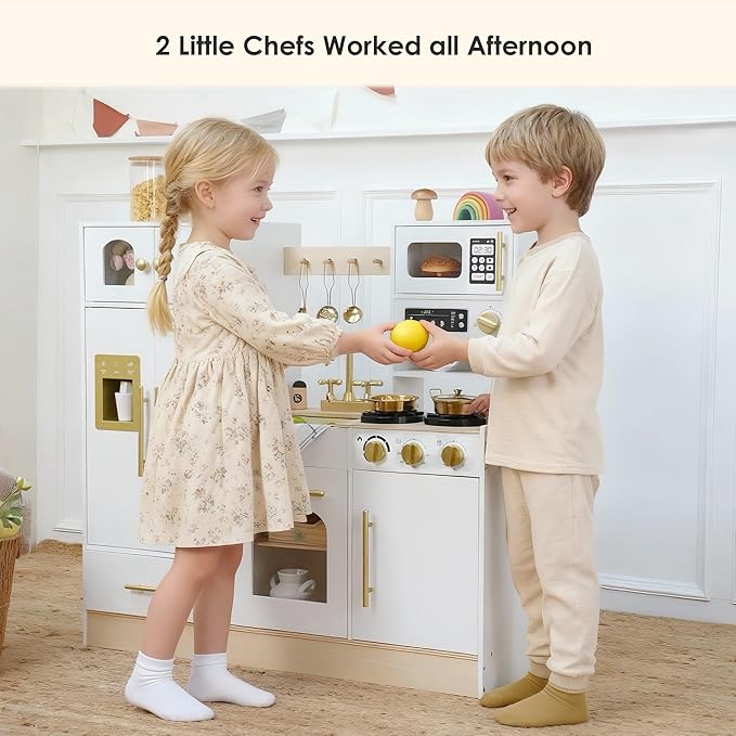 Wooden Play Kitchen Set - Realistic Pretend Play Kitchen with Stove, Sink, Coffee Maker & 11 Fun Accessories | Montessori Toy Kitchen for Toddlers Ages 3+