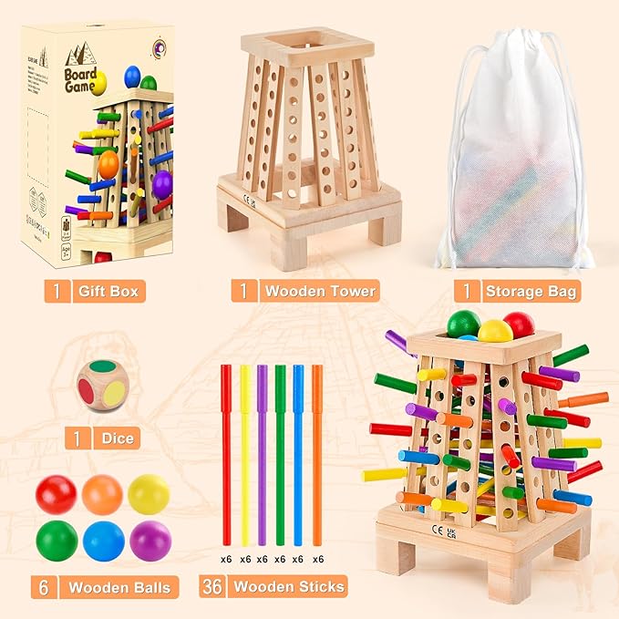 Montessori Board Game for Kids 4-6, Pyramid Wooden Sticks Dice Game, Math Educational, Fine Motor Skills Toy for 3+ Year Olds Girls Boys, Classic Table Game for Family Night