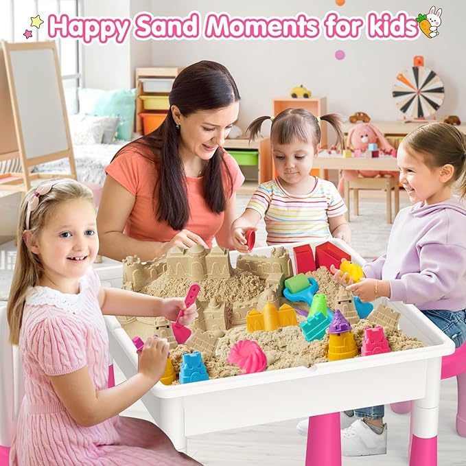 OCATO Kids Toddler Table and Chair Set: Water Table Activity Tables with 152Pcs Large Marble Run Building Blocks 2 Rabbit Chairs Storage All in One Play Sensory Sand Tables 3-6 Year Old Girl Toy Gift