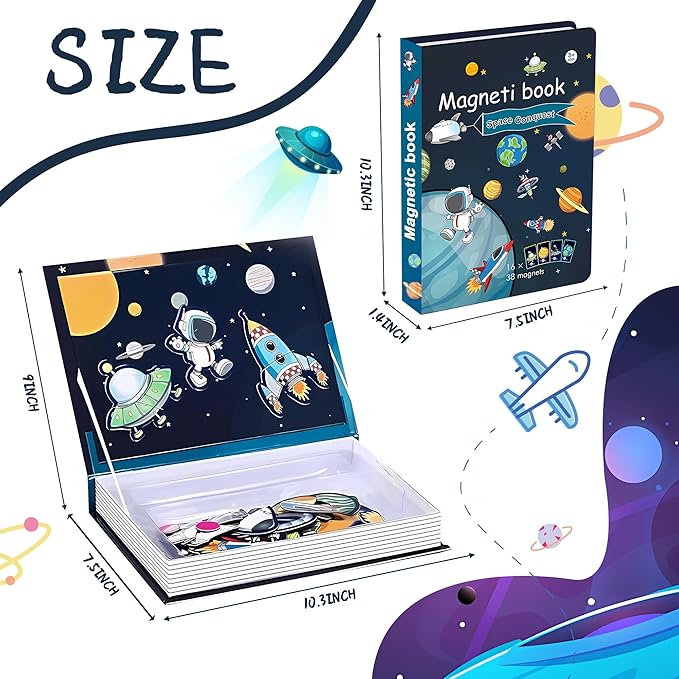 Space Magnetic Travel Game Montessori STEM Quiet Toys for Toddlers 3-5 with 38 Magnets & 16 Activity Cards - Educational Astronaut Magnetic Puzzles Airplane Toy for Kids Ages 3+