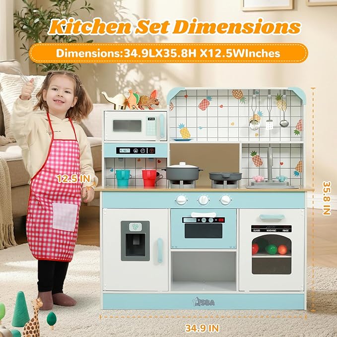 ISBA Play Kitchen Wooden Toy Kitchen Playset Todder Kids Kitchen Chef Pretend Play Set for Toddlers with Cookware Accessories Boys Girls' Gift for Ages 3+
