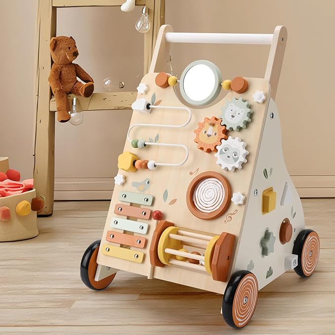 Wooden Baby Walker, Baby Push Walker with Activity Center for Girls Boys, Montessori Push Walker Toys for Babies Learning to Walk, Sit-to-Stand, for 10-12 Months 1 2 3 Years Old