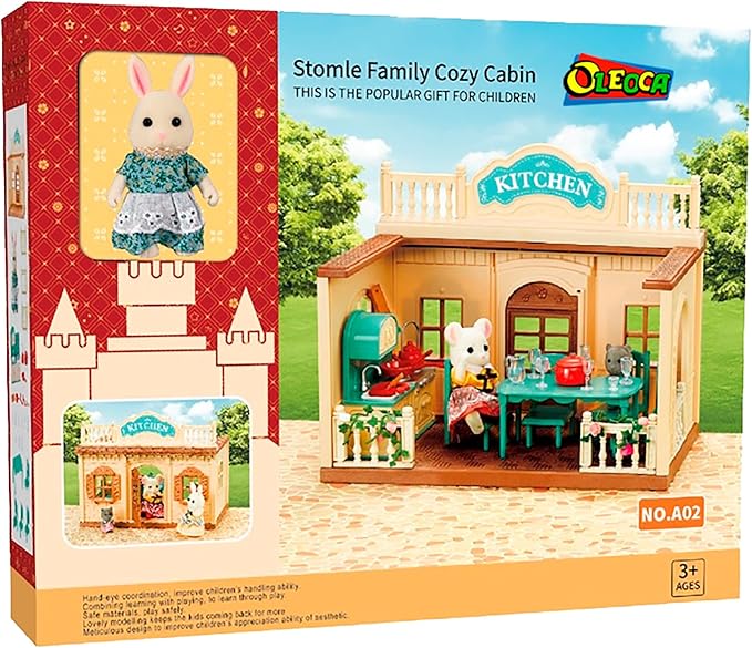 Family Kitchen Doll House — Cozy Cabin with Bunny Figure, Dining Set & Cookware, Complete Modular Dollhouse Playset for Creative Pretend Play Ages 3+