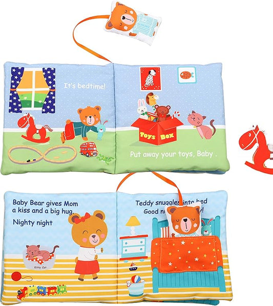 bebe mondo Teddy Bear Baby Book Activity Quiet Cloth Soft Books Developmental Toys Interactive Baby Books for Babies Toddlers Infants, Tummy Time Mirror Toy Gifts for Boys Girl, Goodnight W Box