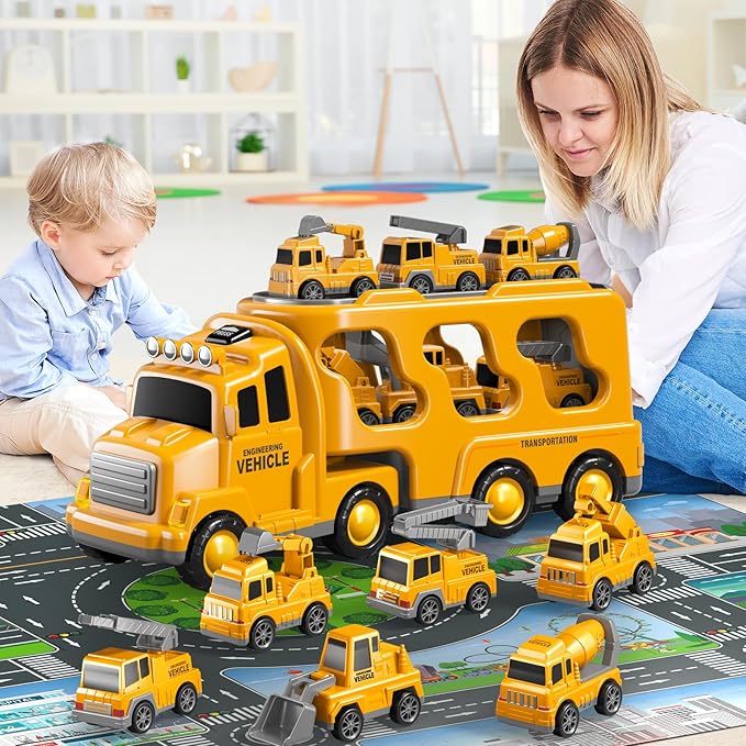 Bennol Toddler Toys for 1 2 3 4 5 6 Years Old Boys, 7 in 1 Construction Car Trucks Playset with Play Mat & Accessoories, Birthday Gifts for Toddlers Kids Boys Girls Age 1-3 3-5
