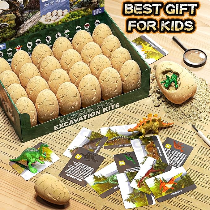 24 Dinosaur Eggs Dig Kit Toys for Kids, Surprise Dinosaur Eggs Excavation Kit with Magnifier, Science STEM Birthday Party Favors Easter Gifts for Boys Girls Age 3 4 5 6 7 8 9 10 + Years Old