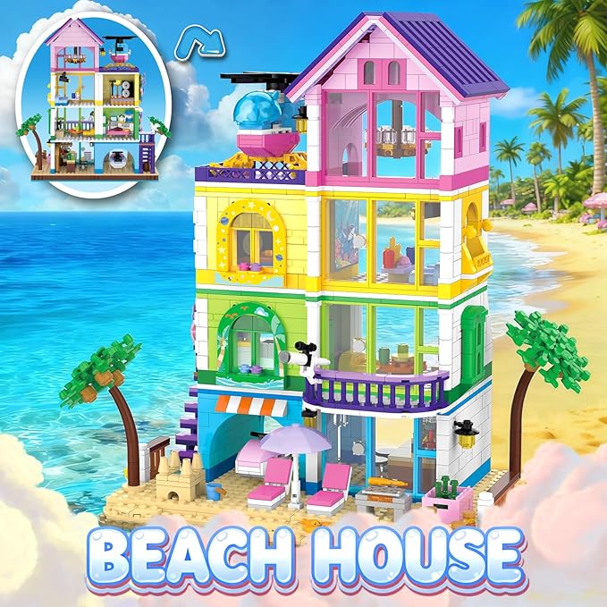 Beach House Building Set with Light, NO Compatible with Lego Friend House for Girls Age 8-12, 1346PCS Mini Bricks Seaside Villa, Creative Holiday Cottage Building Kits, for Girl 8-14