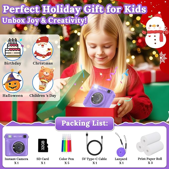Kids Camera Instant Print, 1080P HD Digital Video Recorder with 32GB SD Card, Christmas Birthday Gifts for 3-12 Year Old Girls and Boys, Portable Toy for Toddlers and Kids (Purple Pro)