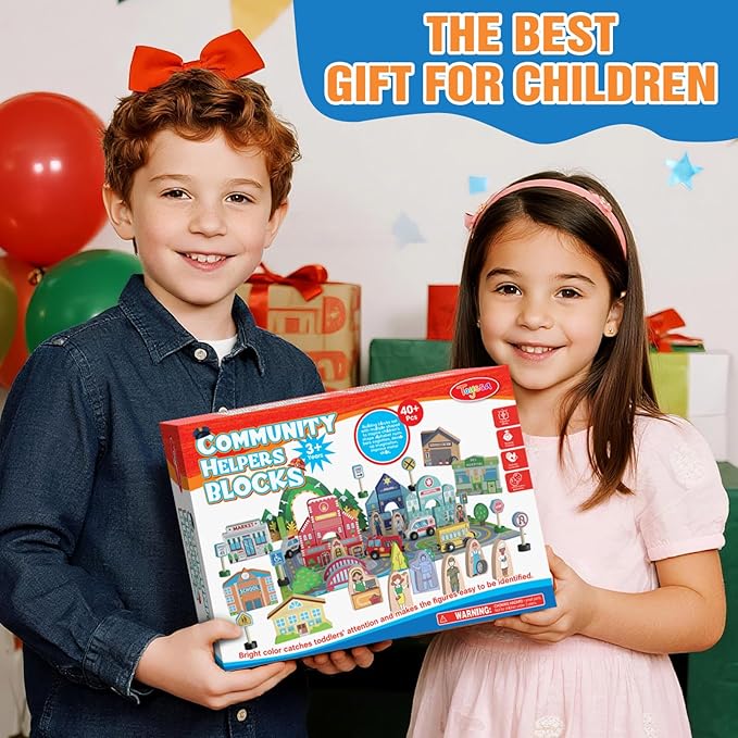 Toyssa 40+Pcs Wooden Community Helpers Preschool Toys for Kids 3 4 5 6, Little People Figures Blocks with Cars & Town Map, Toddlers Learning Pretend Play Toys Boys Girls Christmas Birthday Gifts