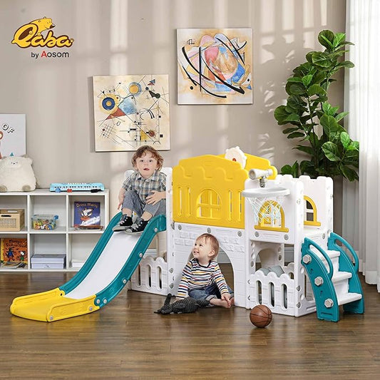 Qaba 8 in 1 Toddler Slide for Kids Age 1-3 Years, Indoor Kids Slide Playset with Basketball Hoop, Climber, Telescope, Tunnel, Steering Wheel, Aisle, Storage Baskets, Yellow