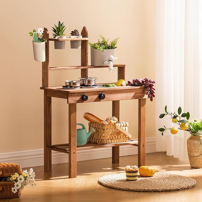 ROBOTIME Mud Kitchen for Kids Outdoor, Wooden Outdoor Play Kitchen with Sink, Faucet, Stove & Cooking Accessories, Fun Backyard Kids Kitchen Playset for Boys and Girls Age 3+