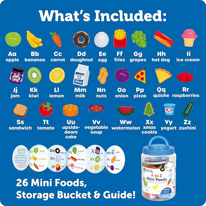Learning Resources A to Z Mini Foods, Pretend Play Kitchen Accessories for Kids, Toddler Montessori, Fine Motor Skills, Gifts for Kids