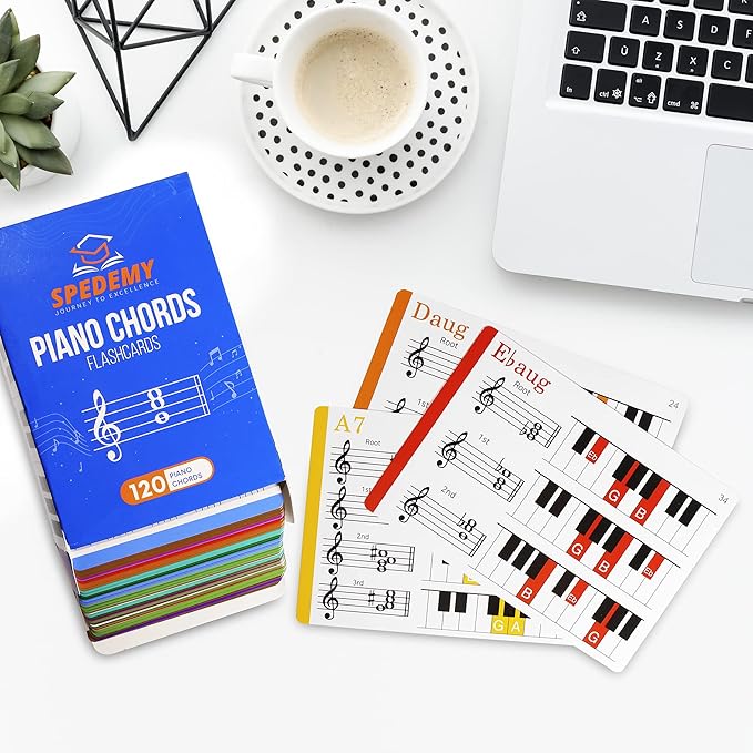 Spedemy Piano Chord Flashcards in Gift Box - Piano Chords Chart Included - ColorCoded Flash Cards for 120 Chords - 10 Frequent Chords, 12 Keys - Fun Educational Flashcards for Piano, Music Learners