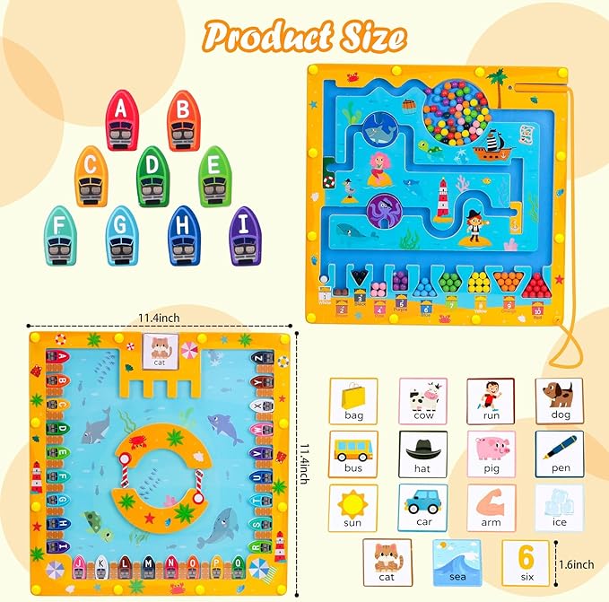 Magnetic Color and Number Maze, 2 in 1 Magnetic Board for Kids, Wooden Magnetic Alphabet Maze Board Learning Counting, Fine Motor Skills Montessori Toys Gift for Boys and Girls 3 4 5 Year Old