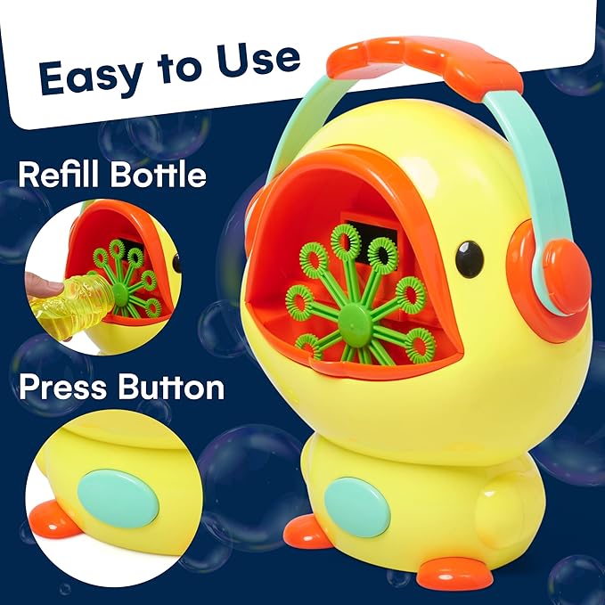 Kidzlane Duck Automatic Bubble Machine for Kids - Plastic Bubble Maker with Supportive Base - Ideal for Baths, Parties, Backyard Play - Portable Blaster, Bubble Blower - 10"x 8.6"x5" Yellow
