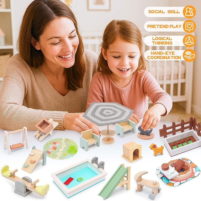 Wooden Doll House Furniture and Accessories Outdoor Play Set for Kids- Includes Slide, Swing, BBQ Grill, Pool & Garden - Perfect Doll House Decor Gift for Children 3-6 Years Birthday Christmas