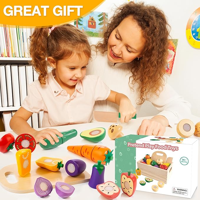 Wooden Play Food Set for Kids Kitchen | Cutting Veggies & Fruits Toy Food Set with Storage Case & Bag, Play Kitchen Accessories, Pretend Play Food for Toddlers 3+