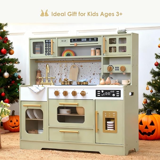 Kids Wooden Play Kitchen Set – Realistic Pretend Play Kitchen with Stove, Sink, Coffee Maker, Ice Maker & 15 Fun Accessories | Montessori-Inspired Toy Kitchen for Toddlers Ages 3+